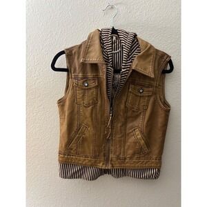 Paparazzi Brown Faux Leather Vest with Striped Hood, Moto Style
